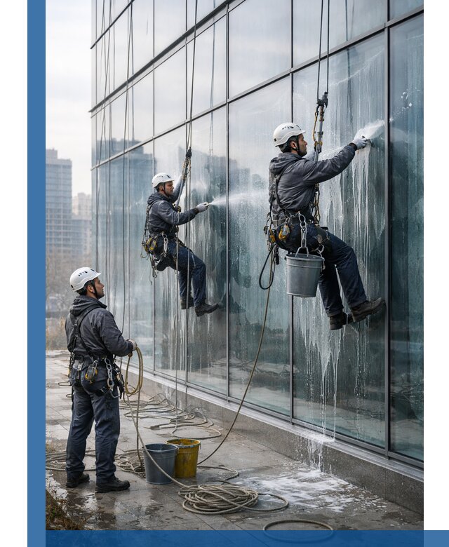 Промышленная мойка панорамных окон на высоте в Лесозаводске