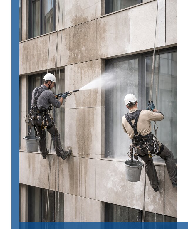 Послестроительная мойка фасада промышленным альпинизмом в Лесозаводске