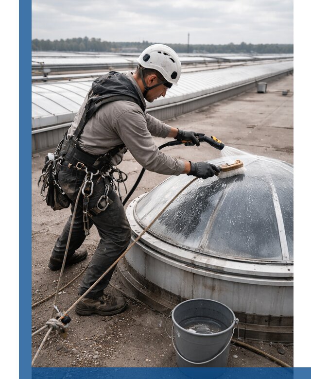 Мойка зенитных фонарей на кровле для промышленных объектов в Лесозаводске