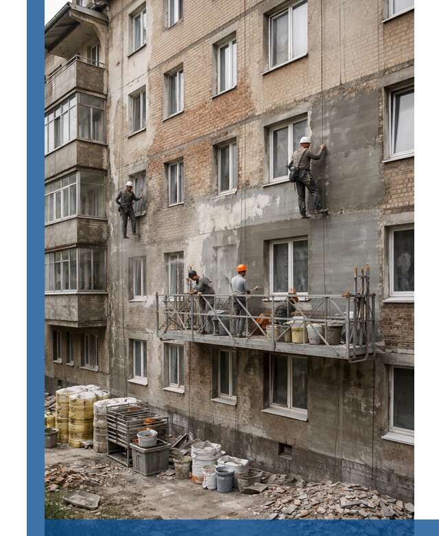 Капитальный ремонт фасада в Лесозаводске с восстановлением и гидроизоляцией