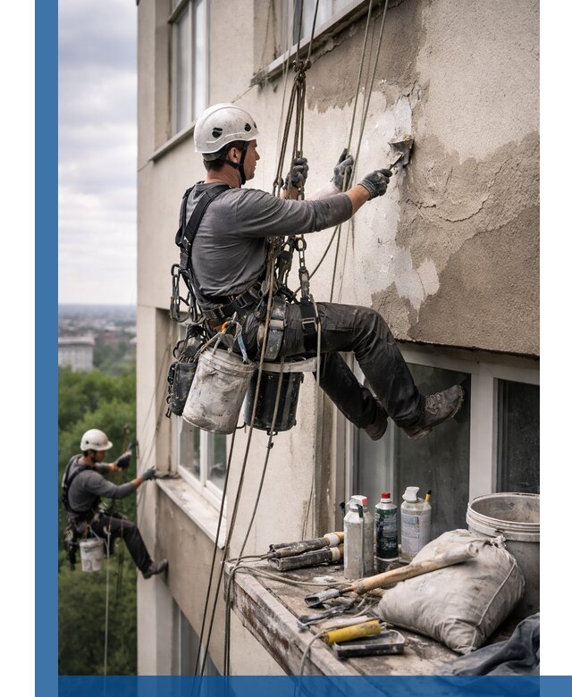 Косметический ремонт фасада зданий в Лесозаводске промышленными альпинистами