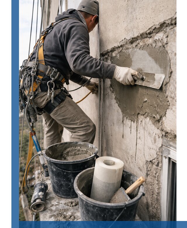 Ремонт бетонных элементов фасада промышленными альпинистами в Лесозаводске