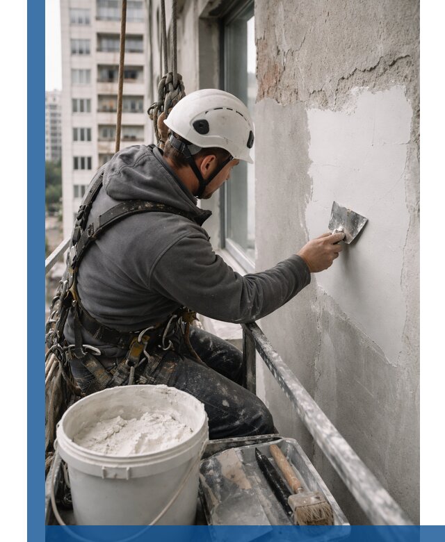 Шпаклевка фасадов на высоте с промальпинистами в Лесозаводске