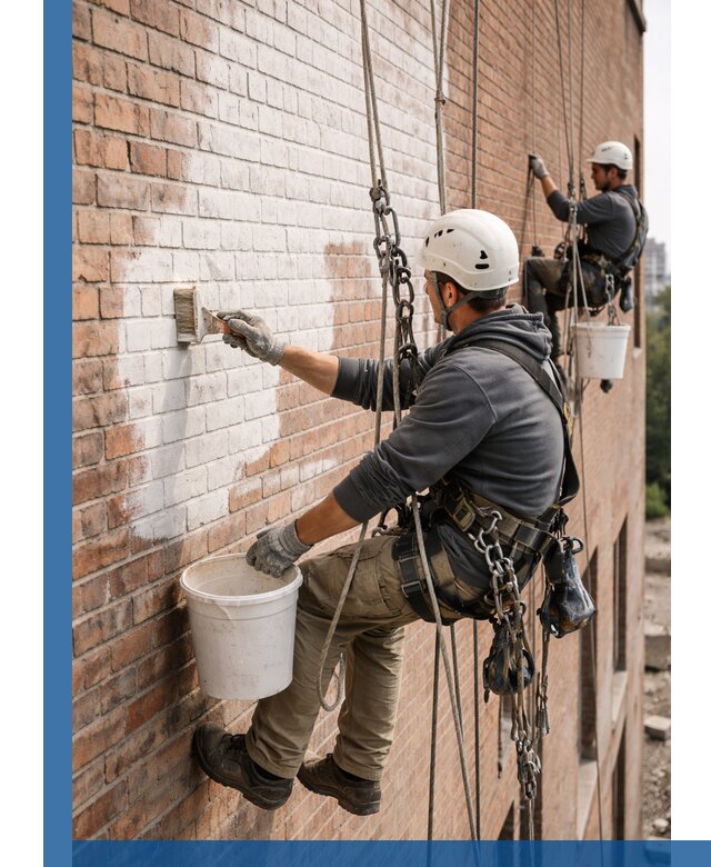 Покраска кирпичного фасада с доступным альпинистским сервисом в Лесозаводске