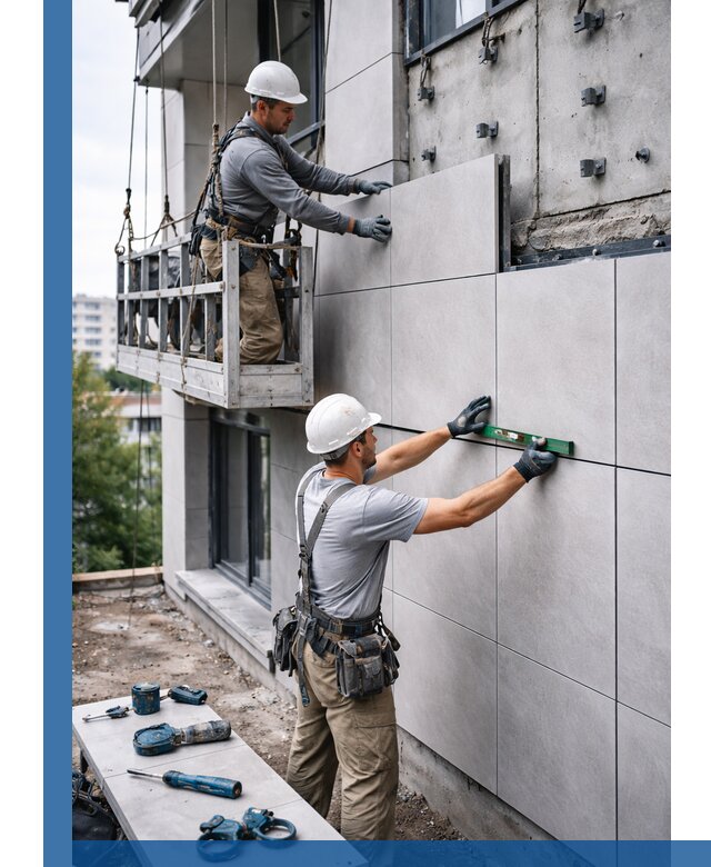 Монтаж керамогранита на фасад в Лесозаводске под ключ с гарантией качества