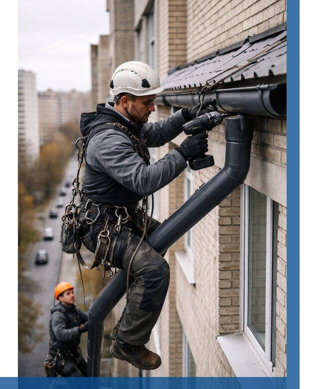 Монтаж водосточной системы на здании в Лесозаводске от 5169 р. | ВЫСОТНИК-Лсз