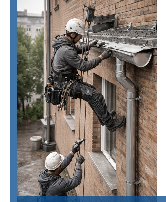 Монтаж водосточной системы на здании в Лесозаводске под ключ