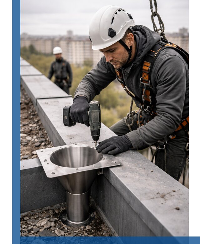 Монтаж водосточных воронок в Лесозаводске для промышленных зданий