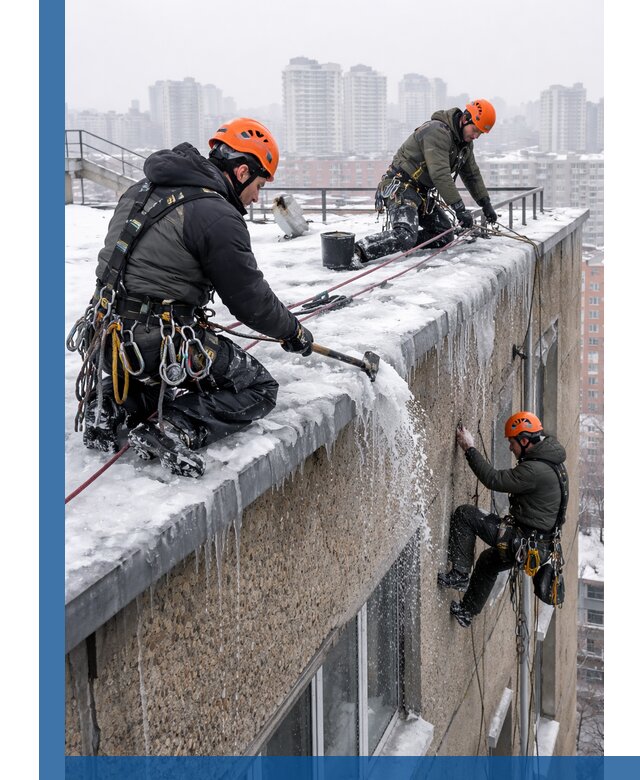 Удаление наледи с кровли в Лесозаводске промышленными альпинистами