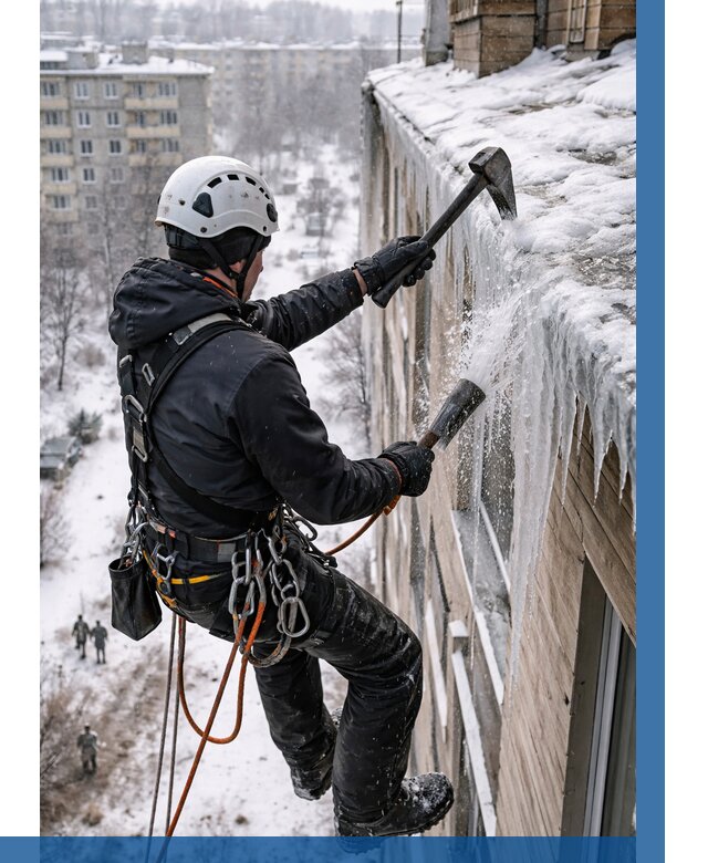 Сбивание сосулек с крыши в Лесозаводске по цене от 4652 р. | ВЫСОТНИК-Лсз