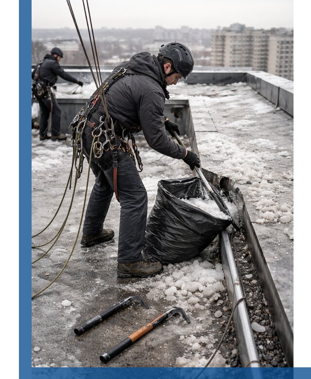 Аварийная очистка кровли в Лесозаводске от промальпинистов