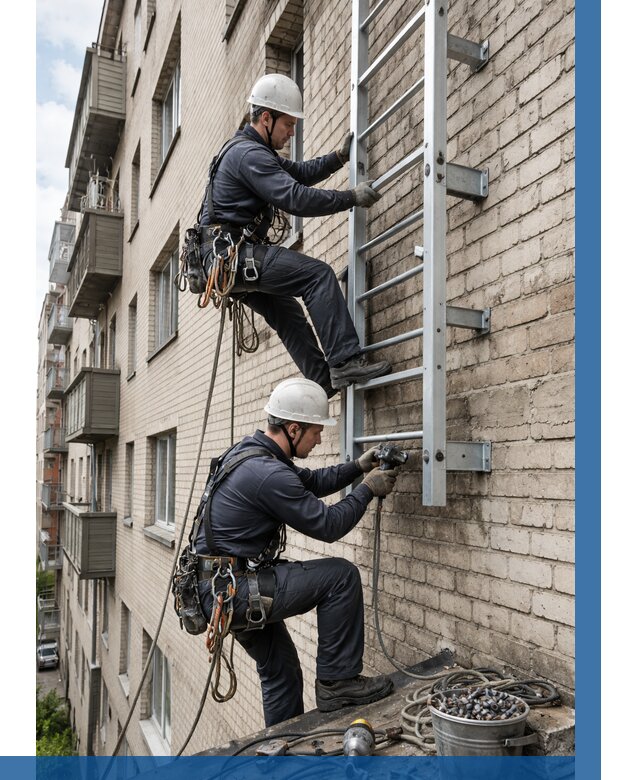 Монтаж пожарной лестницы в Лесозаводске от 25845 р заказать у ВЫСОТНИК-Лсз