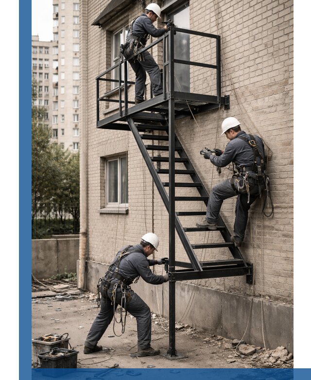 Монтаж пожарной лестницы в Лесозаводске, установка и крепление