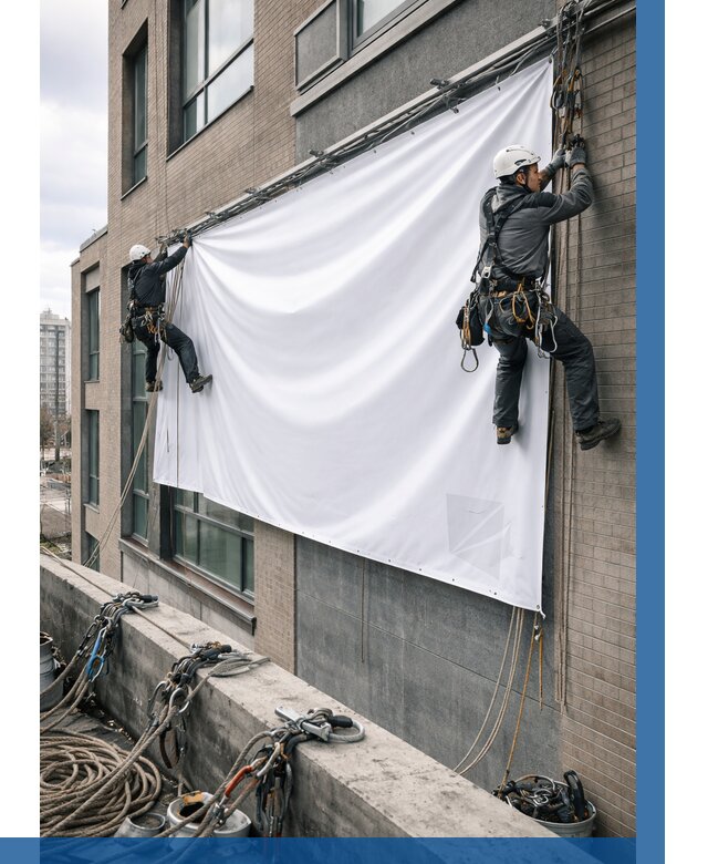 Монтаж баннеров на фасаде в Лесозаводске от 672 р. заказать ВЫСОТНИК-Лсз