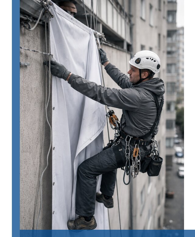 Замена баннерного полотна промышленными альпинистами в Лесозаводске