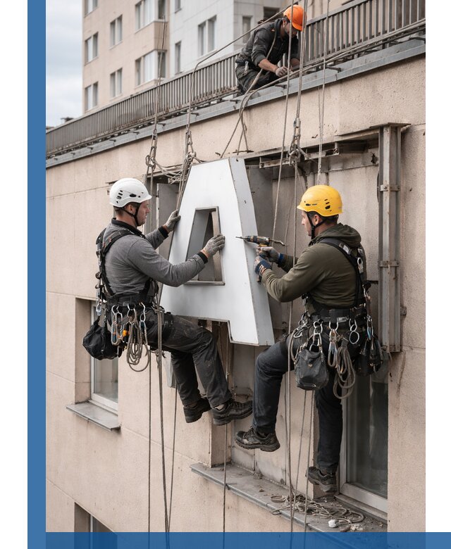 Ремонт и восстановление наружных вывесок на высоте в Лесозаводске