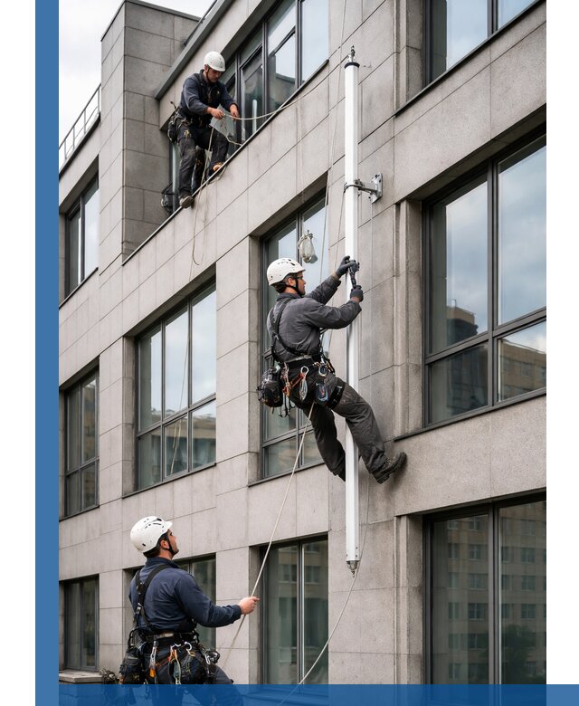 Монтаж флагштока на фасаде здания с креплением и герметикой в Лесозаводске