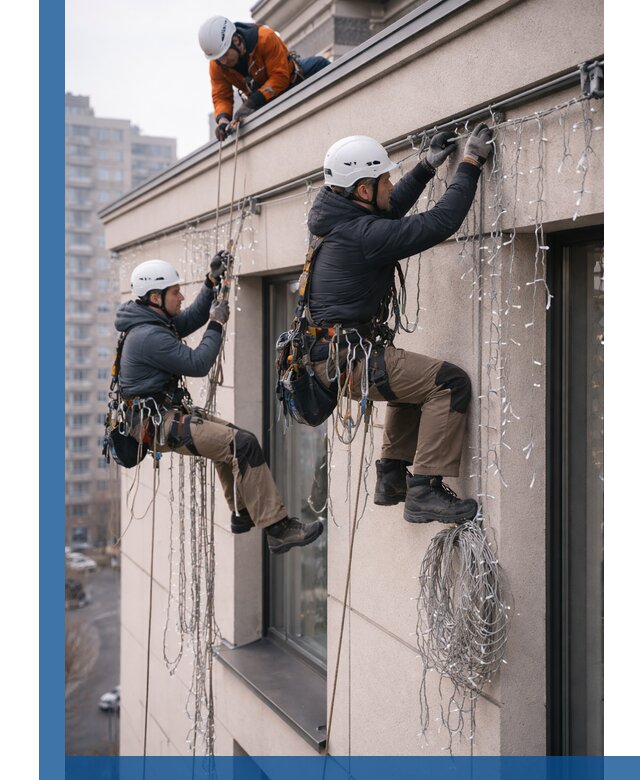 Монтаж праздничных гирлянд на фасаде в Лесозаводске для зданий