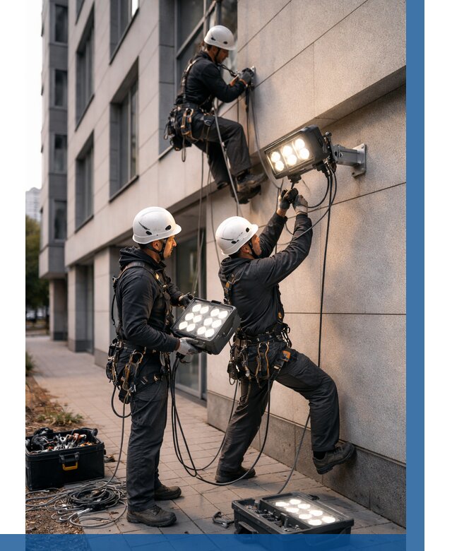 Монтаж прожекторов на фасаде в Лесозаводске от 7754 р. | ВЫСОТНИК-Лсз