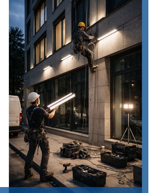 Монтаж архитектурной подсветки здания в Лесозаводске от 2585 р.|ВЫСОТНИК-Лсз