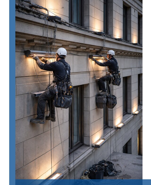 Монтаж архитектурной подсветки фасадов зданий в Лесозаводске