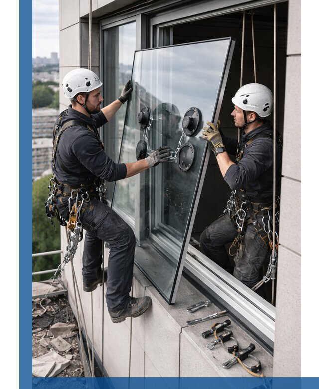 Замена стеклопакетов на высоте с промышленными альпинистами в Лесозаводске