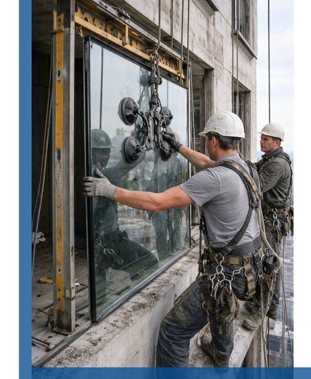 Монтаж стеклопакетов на высоте в Лесозаводске с промышленным альпинизмом