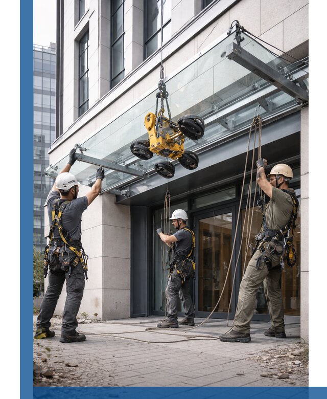 Монтаж стеклянных козырьков под ключ в Лесозаводске для зданий