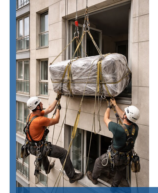 Подъем грузов через окно в Лесозаводске промышленными альпинистами