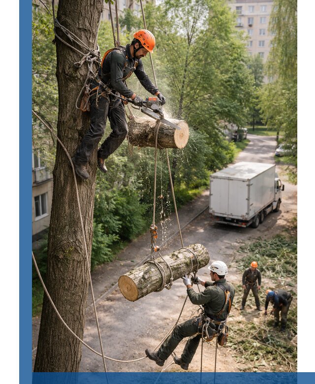 Спил деревьев альпинистами в Лесозаводске, безопасно и без повреждений