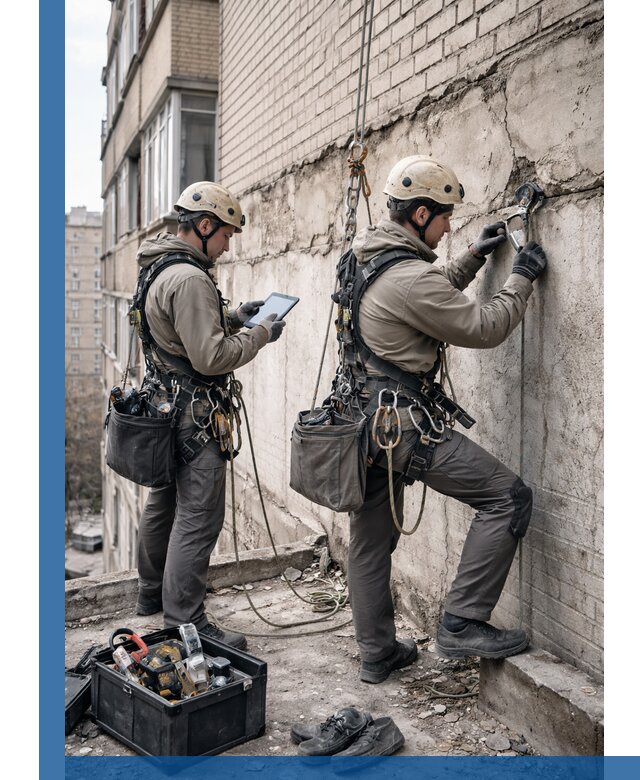 Обследование фасада промышленными альпинистами в Лесозаводске